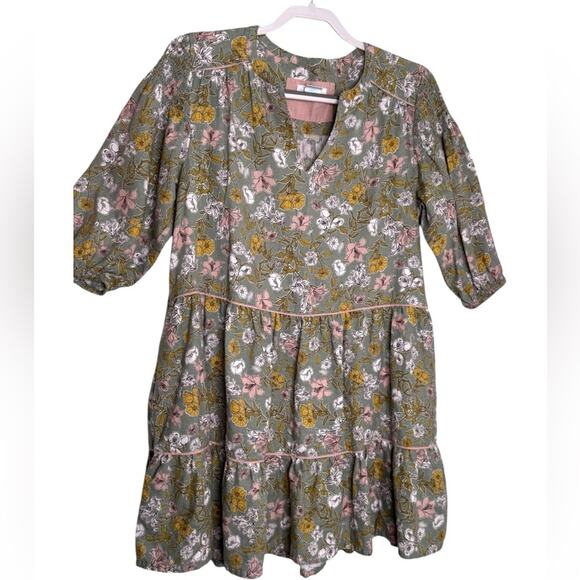 Cynthia Rowley Floral Sage Green Babydoll Dress Tiered Ruffles Size Medium - Picture 2 of 8